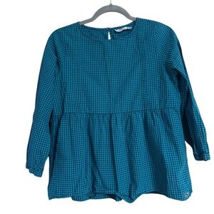 Vineyard Vines Girls XL 16 Gingham Peplum Top Teal Blue Long Sleeve Blouse